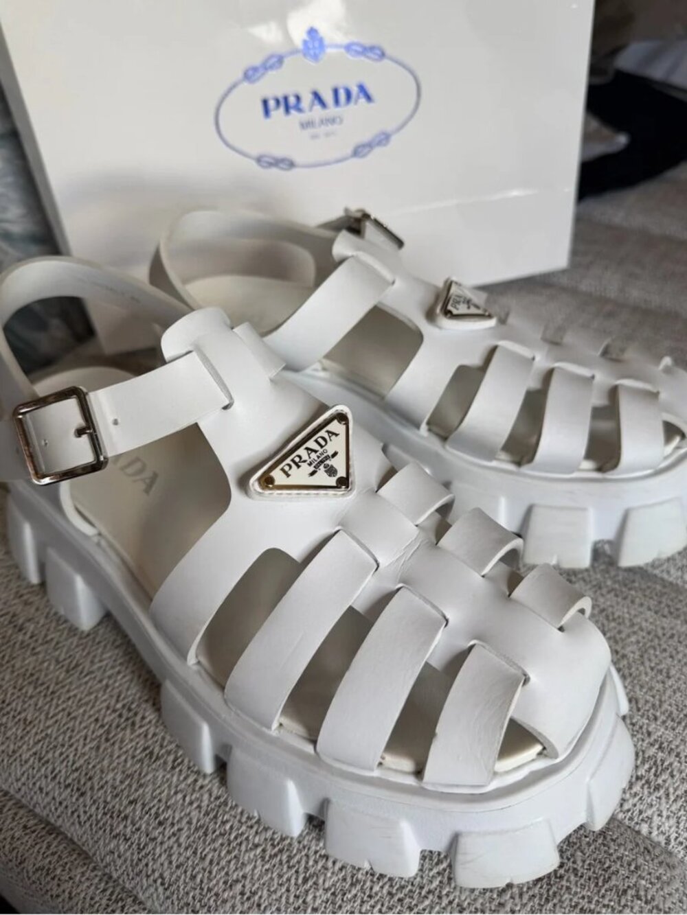 Prada White Lug Sole Woven Strap Sandals
